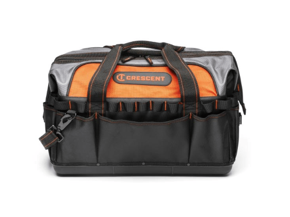 A black and orange Crescent tool bag with multiple front utility pockets and top carry handles, shown on a plain white background.