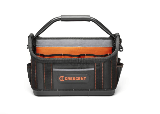 Professional 17 inch open top tradesman tool bag made with rugged 1680D polyester and metal hardware, featuring 17 interior pockets, 8 exterior pockets, a hard polypropylene base, center metal handle, padded shoulder strap, and bright orange interior.