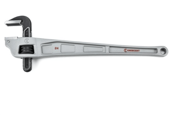 A large Crescent adjustable pipe wrench is shown horizontally against a plain white background. The tool has a long silver-gray metal handle with recessed panels, Crescent branding, and a red “24” size marking. At one end is a large black adjustable jaw with coarse, serrated gripping teeth designed to securely grip pipes and other round fittings. A black adjustment wheel near the head opens and closes the jaw, while a circular hole at the opposite end of the handle allows the wrench to be hung for storage.