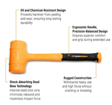 An orange and black GEARWRENCH mallet sledge with callout lines and text labels explaining its oil and chemical-resistant design, ergonomic handle, shock-absorbing blow technology, and rugged construction on a white background.