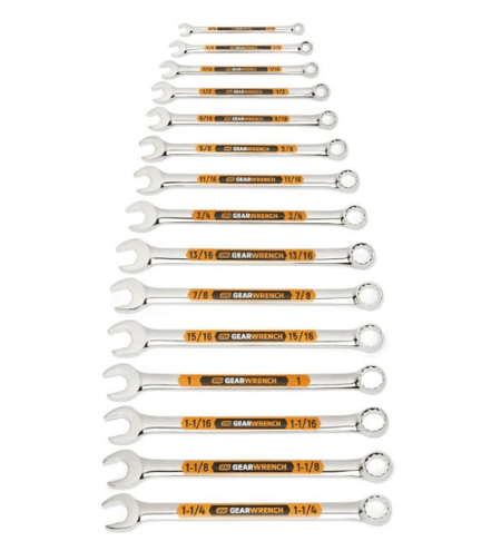A 15-piece set of polished chrome GearWrench combination wrenches is arranged vertically against a plain white background, progressing from the smallest wrench at the top to the largest at the bottom. Each wrench has an open-ended jaw on the left and a circular box end on the right. Orange-and-black labels along the handles display the GearWrench branding and SAE size markings, ranging from 3/8 inch to 1-1/4 inch.
