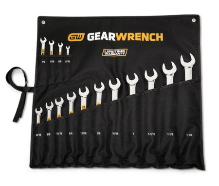 a 15-piece GEARWRENCH long pattern SAE combination wrench set displayed inside an unrolled, black fabric storage pouch against a plain white background.