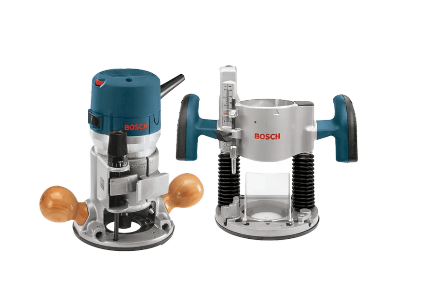 Two Bosch plunge routers shown side by side on a plain white background, one with a blue motor housing and wooden knobs, and the other with a silver motor housing and teal-blue handles.