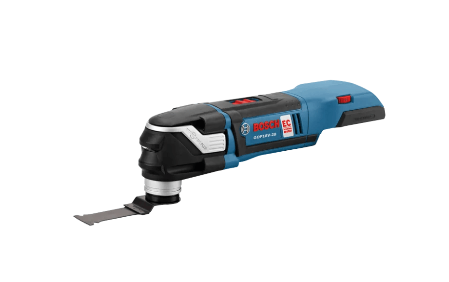 Bosch GDF-80V-20 cordless oscillating multi-tool with a metal blade attachment, shown on a solid white background.