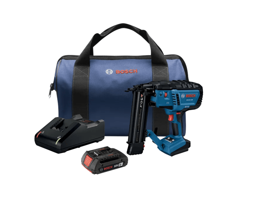 Bosch cordless nailer kit with a blue and black Bosch tool, two black battery packs, and a blue carrying bag on a white background.