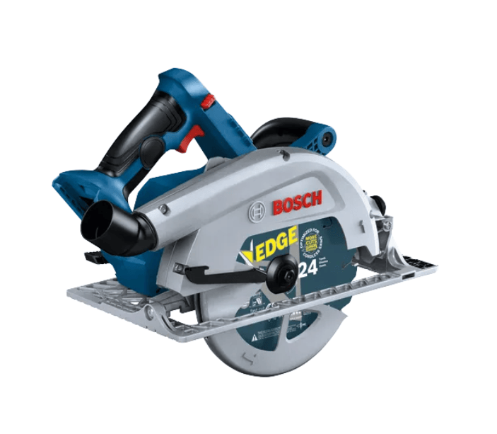 Bosch circular saw with a blue and gray body, black handle, and silver blade, shown on a plain white background.
