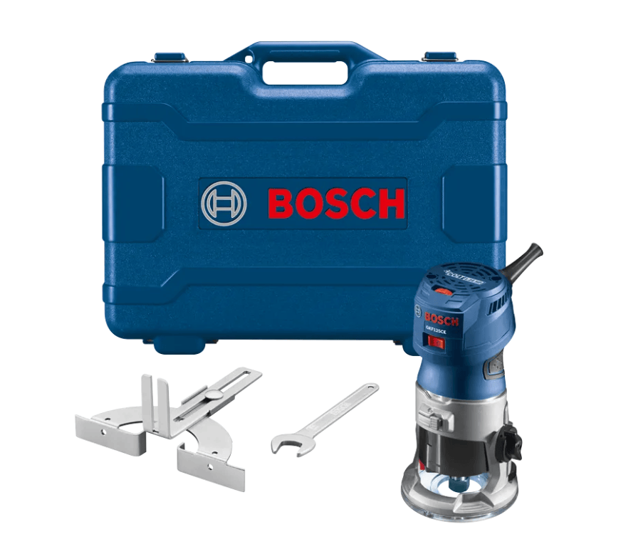 Bosch plunge router with a blue and silver body, shown alongside its blue hard carrying case and two metal accessories on a white background.