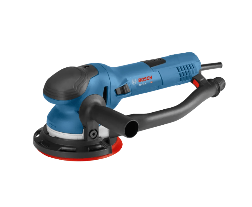 Bosch BE12000 LSI cordless orbital sander with a blue body, black handle, and red sanding disc, shown on a solid white background.