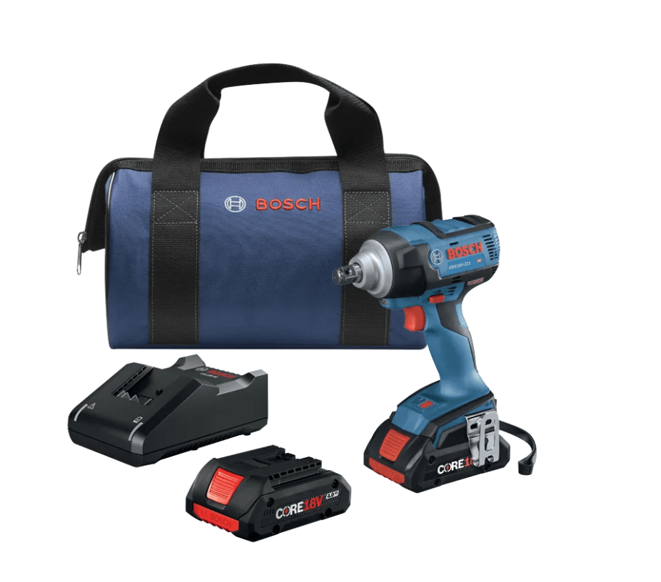 Bosch cordless impact wrench with two CoreLion 18V 2.0Ah batteries and a blue carrying bag on a white background.