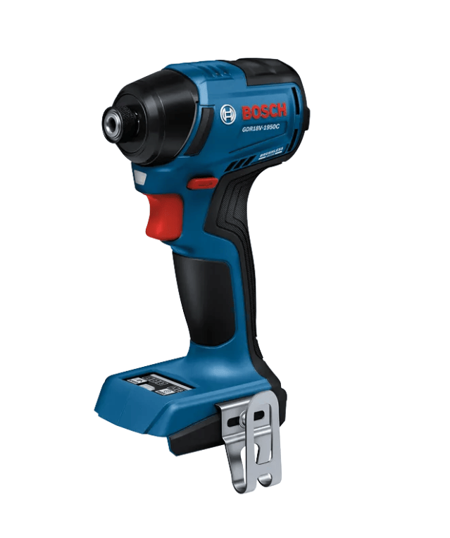 Bosch cordless impact driver with a blue and black body, red trigger, and silver metal mounting bracket, shown on a white background.