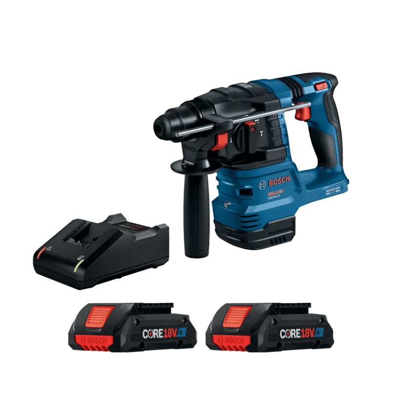 Bosch hammer drill kit with a blue and black cordless rotary hammer, a black charger, and two black CoreLabs 18V Li-ion batteries on a white background.