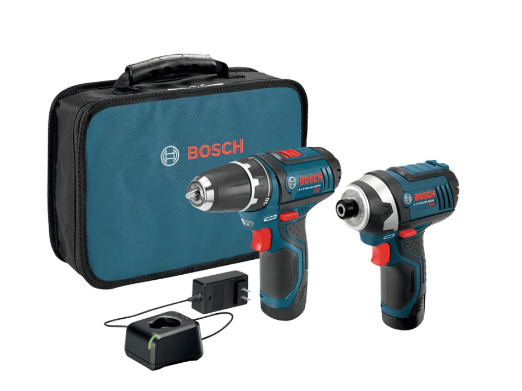 Bosch cordless drill and impact driver kit with a blue carrying case, battery, and charger on a white background.