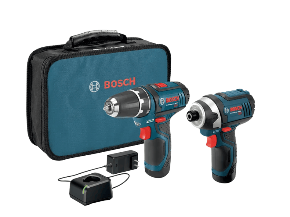 Bosch cordless drill and impact driver kit with a blue carrying case, battery, and charger on a white background.
