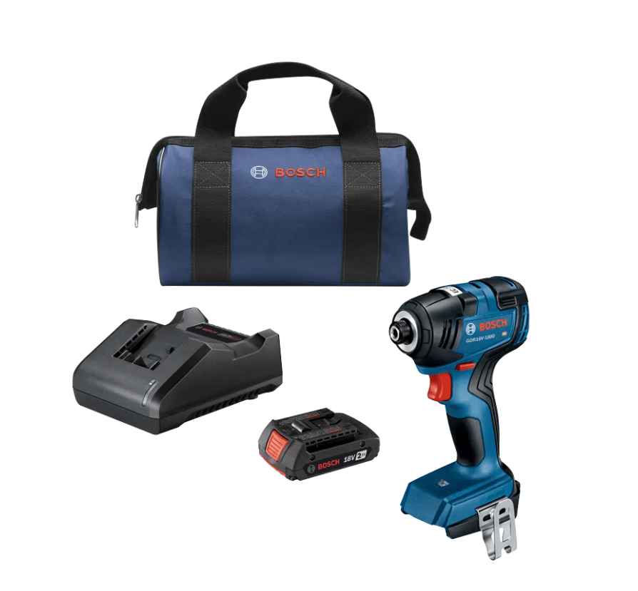 Bosch cordless drill kit with a blue and black cordless impact driver, a matching blue and black battery, a black charger, and a navy blue tool bag with black straps and red Bosch branding, all arranged on a white background.