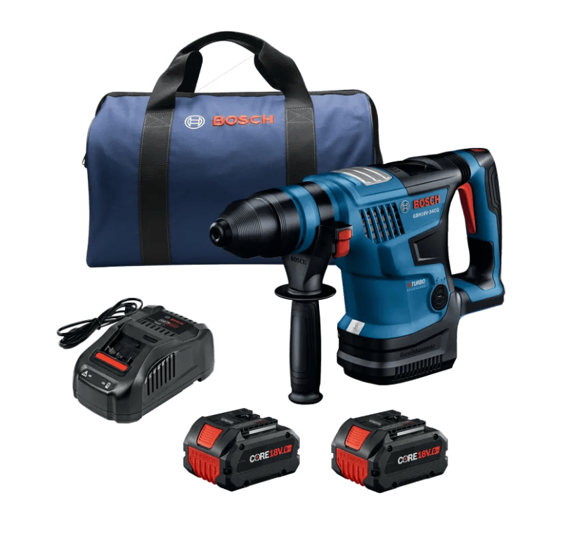 Bosch rotary hammer drill kit with a blue and black cordless drill, two red and black CoreSaver batteries, a black charger, and a blue Bosch carrying bag on a white background.