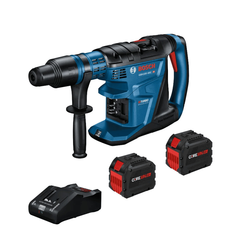 Bosch HRX18 V2 18V cordless hammer drill with three black and red battery packs and a black charger, shown on a solid white background.