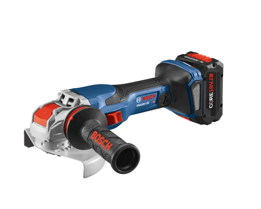 Bosch GRISZ 18V cordless angle grinder with a black and red protective guard, shown on a solid white background.