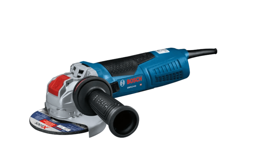 Bosch angle grinder with a black extension cord, featuring a blue and gray body, a red safety switch, and a gray and white abrasive disc, shown on a solid white background.