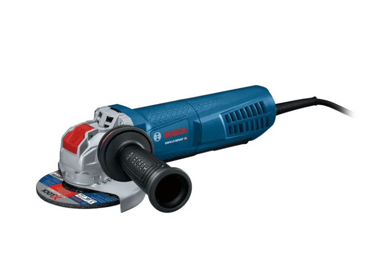 This studio product photograph displays a Bosch GWX13-50VSP corded 5-inch angle grinder angled toward the left against a seamless, solid white background. The tool features a signature Bosch blue motor barrel, a cast-aluminum gear housing with a tool-free red X-LOCK release lever, a black auxiliary side handle pointing outward, and an attached X-LOCK abrasive grinding wheel enclosed by a steel wheel guard.