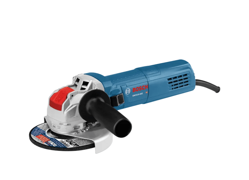 Bosch angle grinder with a blue body, white and silver housing, black handle, and a circular cutting disc, shown on a plain white background.