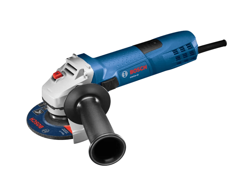 Bosch angle grinder with a black extension hose, black guard, and a blue-and-white Bosch disc, shown on a plain white background.