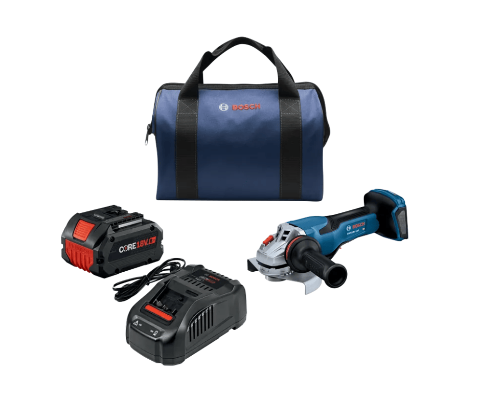 Bosch cordless angle grinder kit with a blue and black carrying bag, two black and red battery packs, and a black charger on a white background.