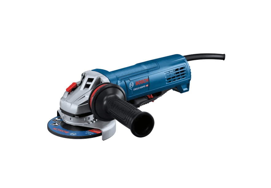 Bosch angle grinder with a blue and silver body, black handle grip, and red power switch, shown on a plain white background.