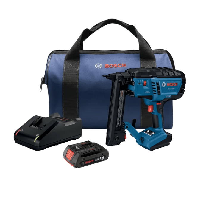 Bosch JIG Pro nailer kit with a blue and black cordless nail gun, two black batteries, a black charger, and a blue Bosch carrying bag on a white background.