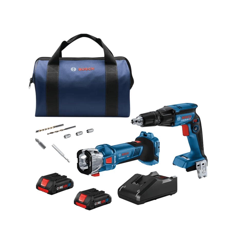 Bosch cordless drill and driver kit with two blue and black cordless tools, a black charger, two battery packs, drill bits, and a blue Bosch carrying bag on a white background.