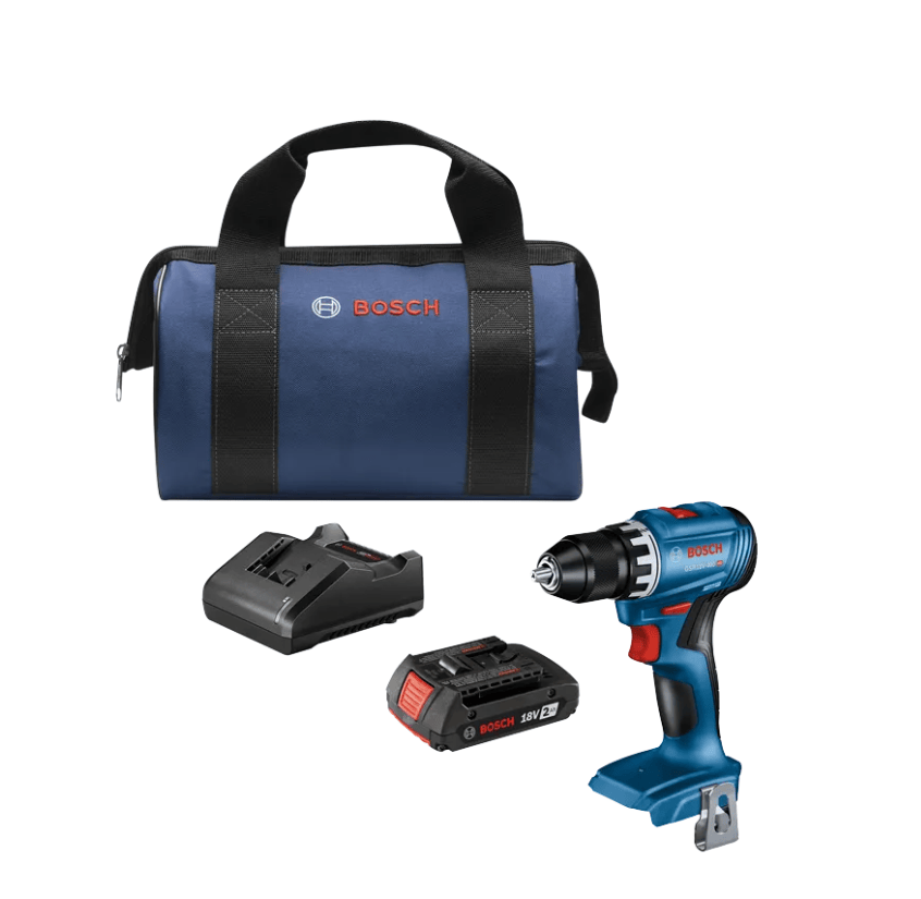 Bosch cordless drill kit with a blue and black drill, two black batteries, and a blue and black carrying bag on a white background.