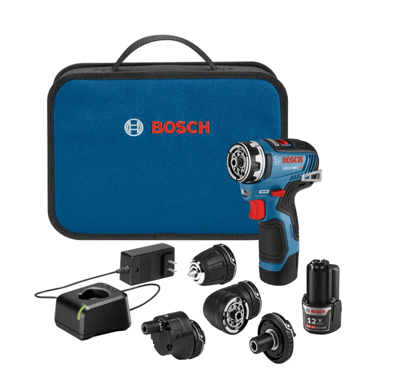 Bosch cordless drill kit with a blue and black cordless drill, multiple black attachment bits, a black charging block, and a blue carrying case on a white background.