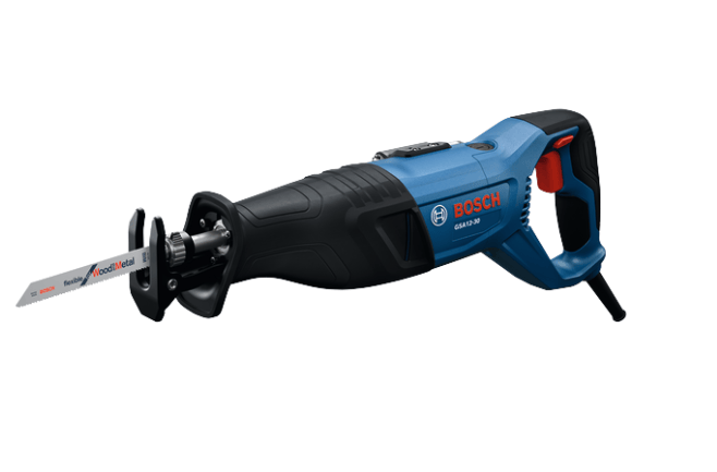 Bosch reciprocating saw drill GX24-30 with a blue and black body, red trigger, and silver blade, shown on a plain white background.