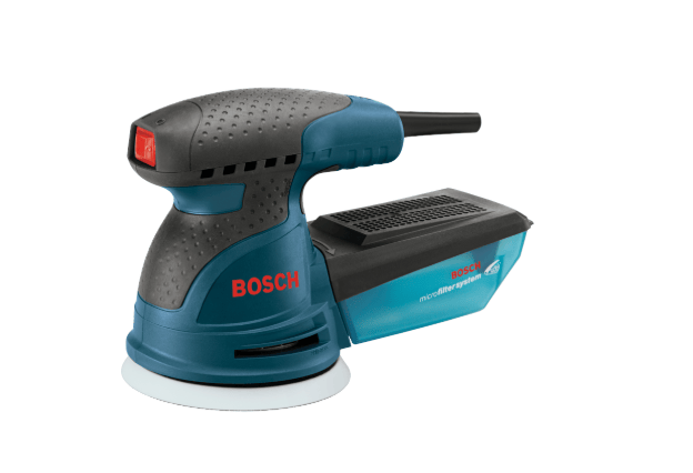 Bosch microfiber sander with a blue and black body, featuring a red power switch and a white circular sanding disc, shown on a solid white background.