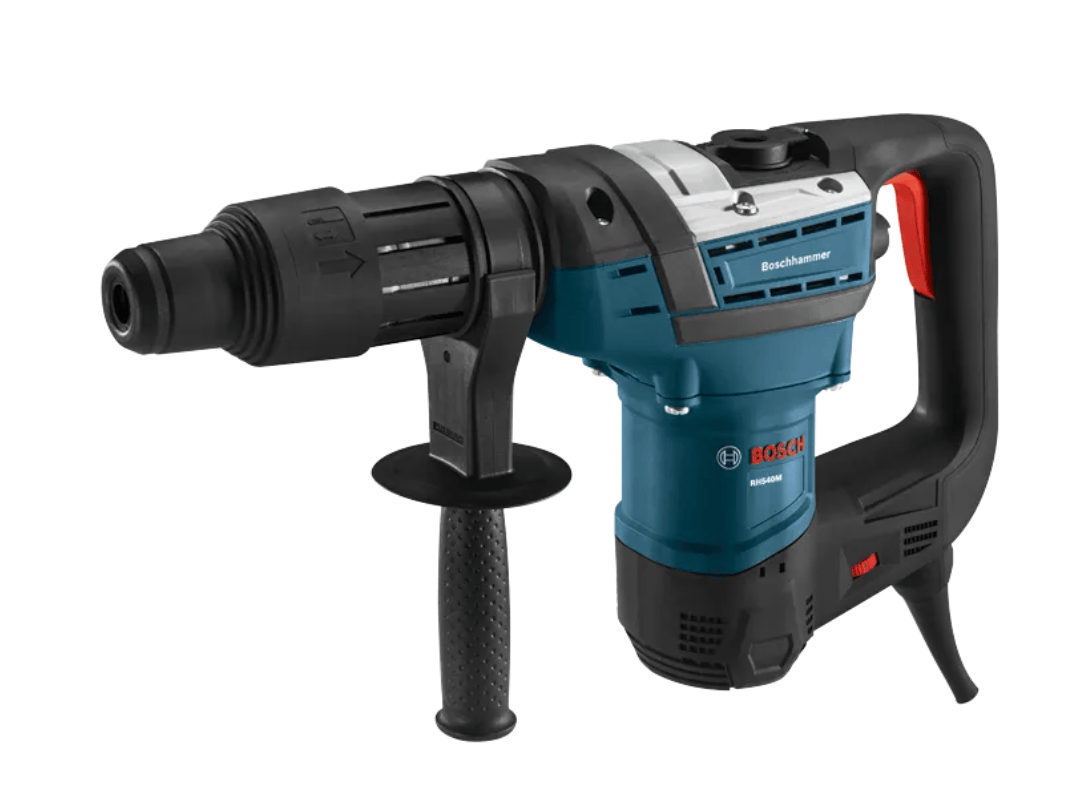 Boschhammer XR18 cordless rotary hammer drill in blue, black, and gray with a red accent, shown on a solid white background.