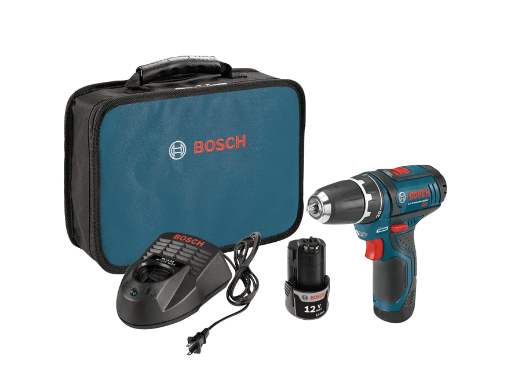 Bosch cordless drill kit with a teal and black drill, a blue carrying case with the Bosch logo, a black charger, and a black battery on a white background.