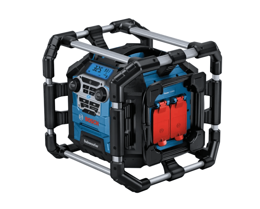 Bosch Subway 18V cordless tool kit with a blue and black tool frame, digital display, and red outlets, shown on a white background.