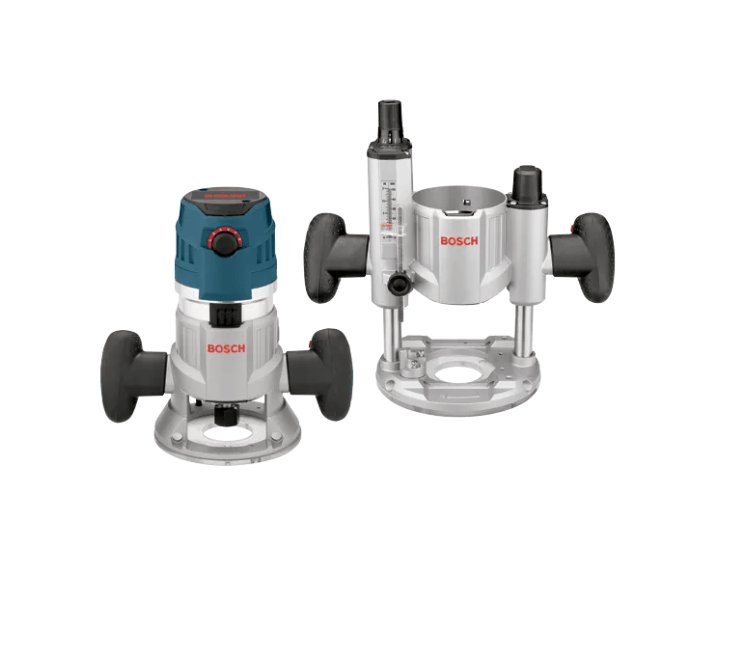 Two Bosch power tools on a plain white background: a teal and silver plunge router with black wheels on the left, and a silver vertical router bit holder with black adjustment knobs on the right.