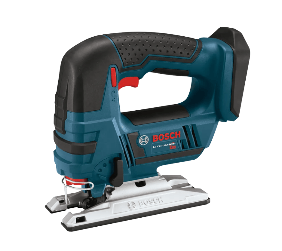 Bosch 18V cordless jigsaw saw with a teal and black body, red trigger switch, and silver base plate, shown on a clean white background.
