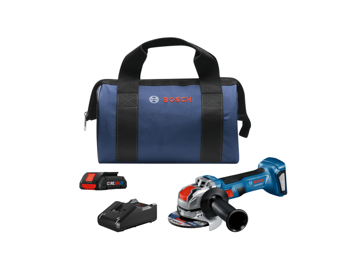 Bosch cordless angle grinder kit with a blue and black carrying bag, two batteries, and a charger on a white background.