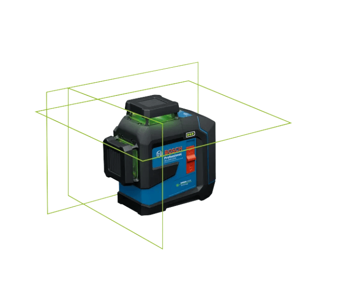 Bosch laser level redshift 3000 Pro shown in a clean studio-style render with a green wireframe box overlay on a white background.