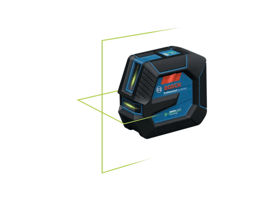 Bosch Professional Redline laser level shown at an angle with green projected laser lines on a white background.