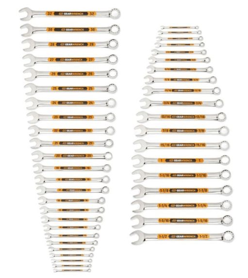 A set of 48 double-ended wrenches from Gear-Precision, arranged in two vertical columns on a plain white background. The wrenches are silver with orange and black accents on their handles, showing sizes ranging from 1/4 to 3/4 in.