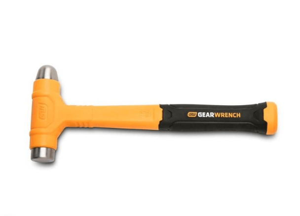 A Gear Wrench hammer with a bright orange and black handle, featuring a silver steel ball end on one side and a flat steel head on the other, shown against a plain white background.