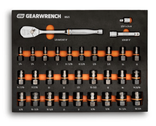 A 9825 GW Gearwrench 3/8" to 1 1/4" ratchet socket set in a black plastic tray with orange accents. The set includes a 3/8" ratchet, a 3/8 x 1 1/4" socket, and multiple socket adapters numbered 1/4 through 13/16.