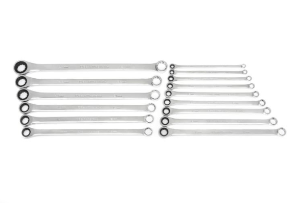 A 16-piece set of stainless steel combination wrenches in two sizes, arranged neatly on a plain white background.