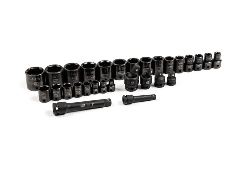 A set of black metal socket wrenches and extension bars arranged in rows on a plain white background.