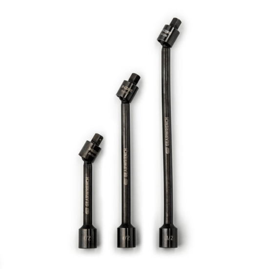 Three black metal socket extension bars in different sizes, arranged by length from shortest to longest on a white background. Each bar has a socket on one end and a threaded connector on the other, with the brand name 'STURMTECH' printed vertically on the shafts.