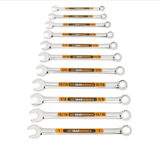 A 12-piece set of GEARWRENCH open-end combination wrenches in sizes 1 to 15/16, arranged vertically in descending order on a plain white background.