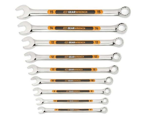 A 10-piece set of Gear Wrench combination wrenches in sizes 3 to 15, arranged in a descending size order on a plain white background.