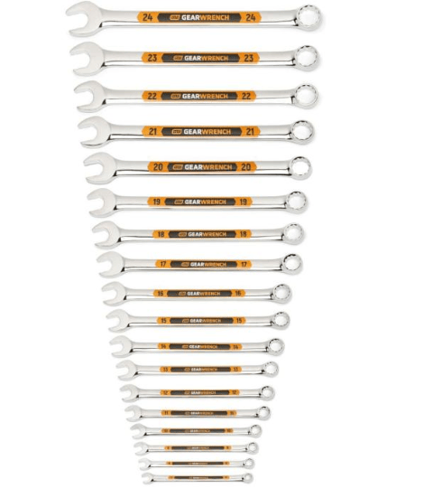 A 16-piece set of open-end and combination wrenches in descending sizes, arranged vertically. Each wrench has a silver metallic head, a black handle with a bright orange band, and a silver ring on one end.